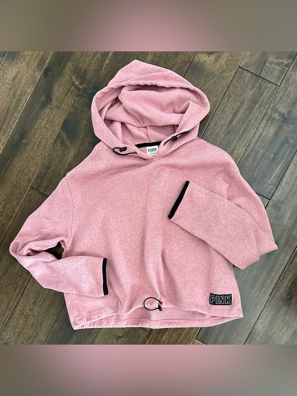 PINK Victoria’s Secret Pink Heathered Hoodie Pullover Black Trim Size Large - Picture 2 of 6